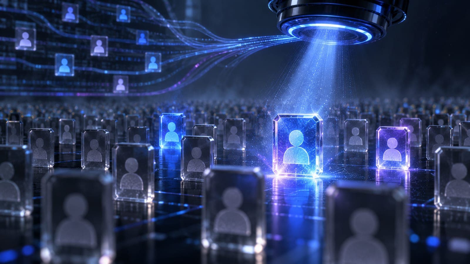A crowd of glass lead cards, a few lit blue and violet, one picked out by a spotlight from above